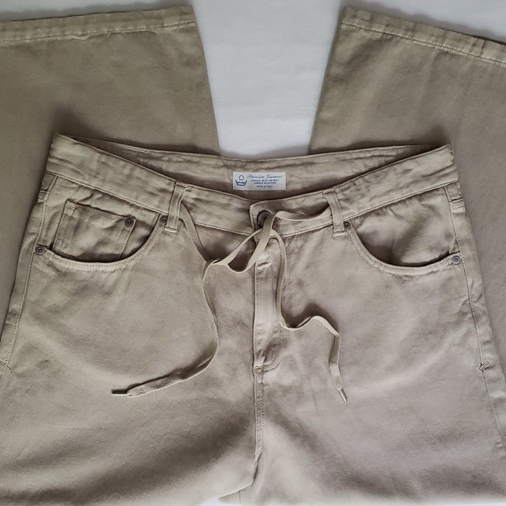 CARE LABEL Wide Leg Drawstring Jeans in Light Khaki Beige Size 4/27 Brand New